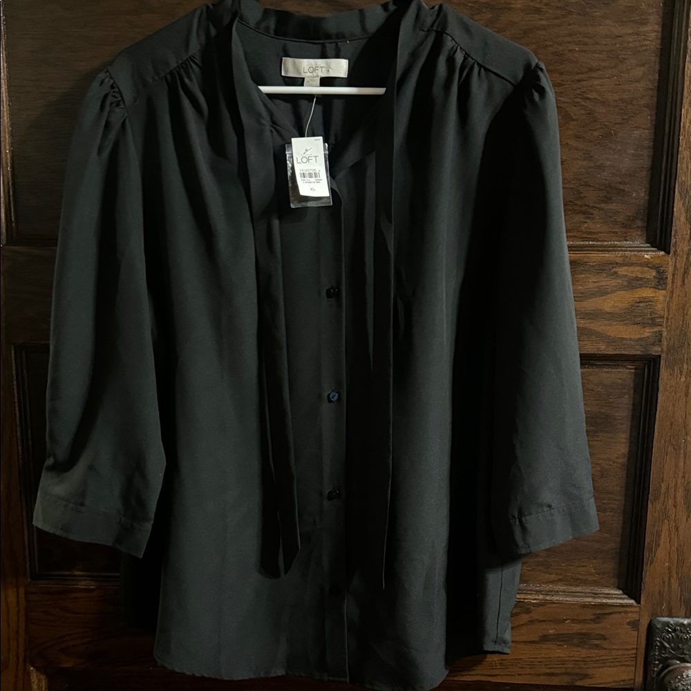 LOFT Black Button-Up Blouse with Tie Neck